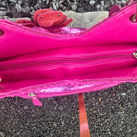 Sharif Designed in New York Pink Leather Sequin Fringe Shoulder Bag Magenta - Picture 11 of 17